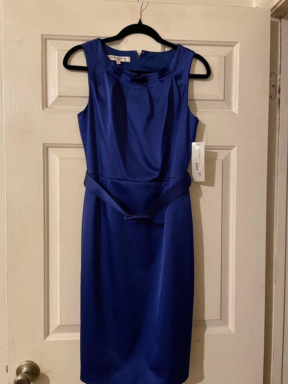 NWT Evan-Picone Indigo Satin Belted Pleated Neck Sheath Dress 6